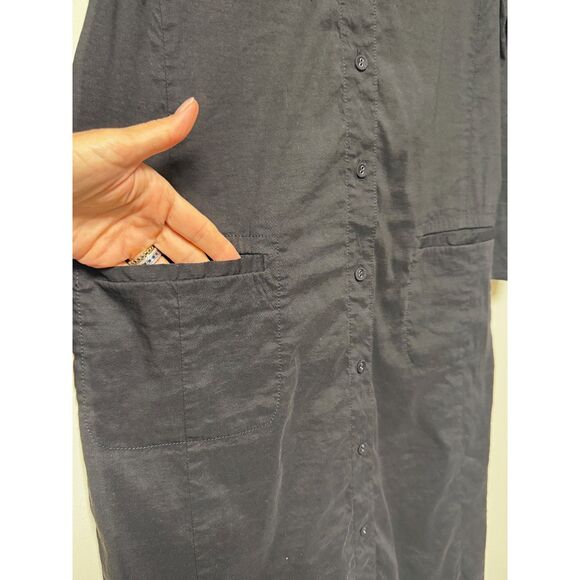 EILEEN FISHER Organic Linen Blend Long Sleeve Shirt Dress Pockets, Black, Sz L - Picture 4 of 8